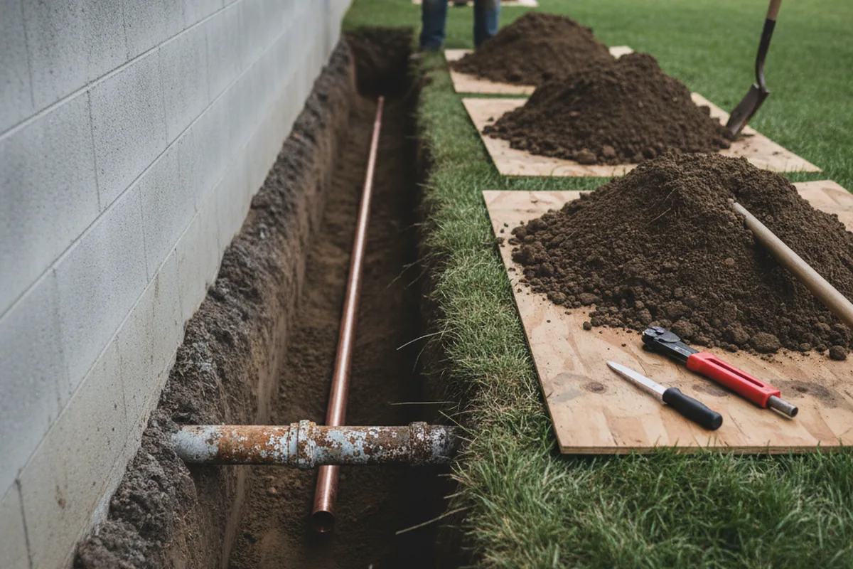 Excavated water line trench during Water Heater Repair in Weldon